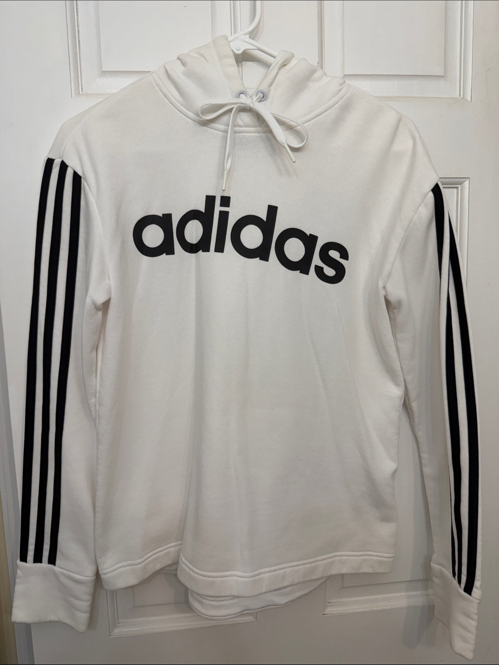 adidas White Crewneck Sweatshirt with Black Logo and Sleeve Stripes
